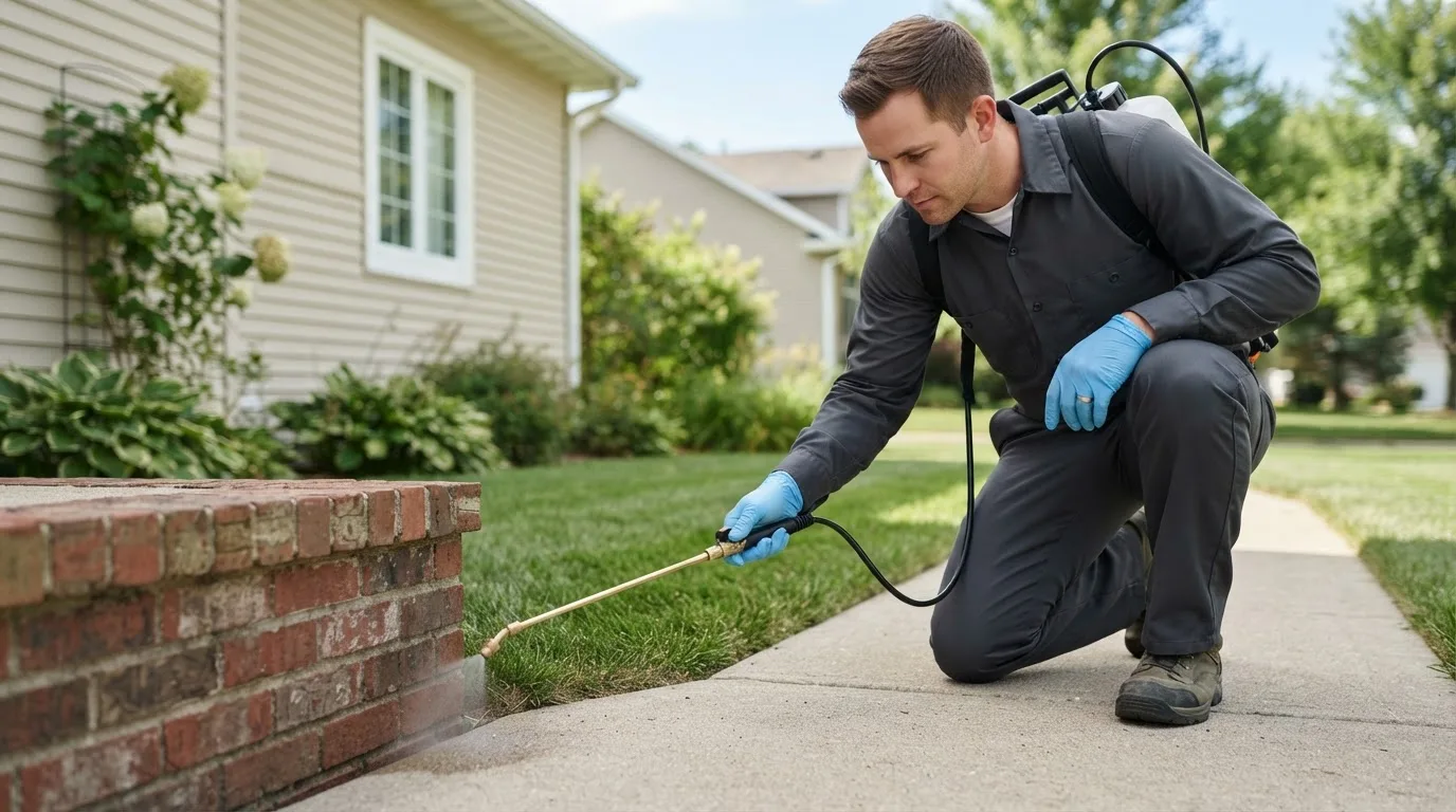Pest control technician treating a home near Emmett, MI