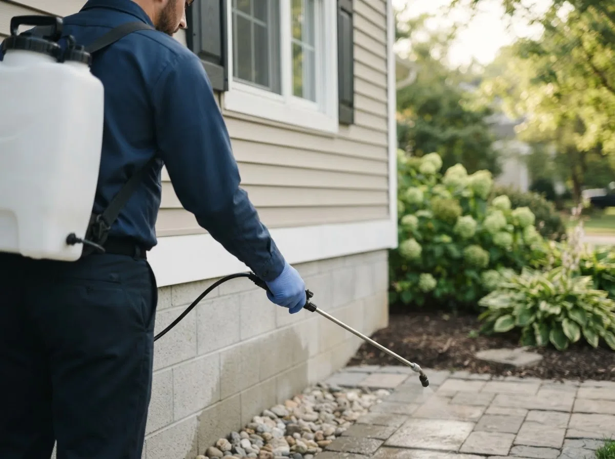 Pest control technician inspecting a home in Emmett, MI